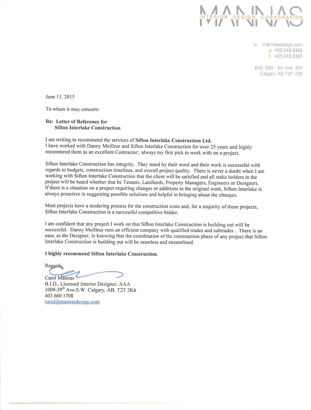 Mannas Interior Design Corp Letter Of Reference Sifton